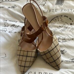 Chic Brown and Cream Plaid Heels with Elegant Strap